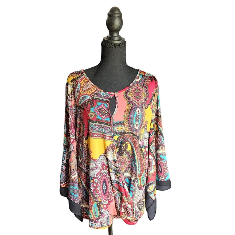 Jennie & Marlis Paisley Split Sleeve Blouse Womens XL Multicolor Boho